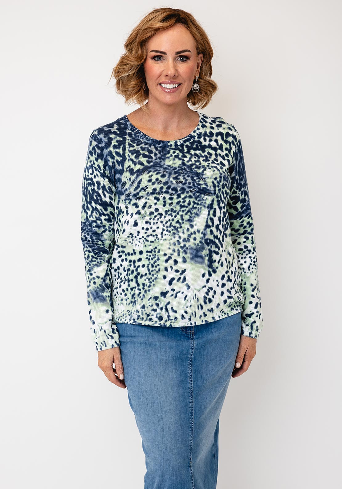 Olsen Animal Print With Rhinestone Detail Jumper, Green Multi