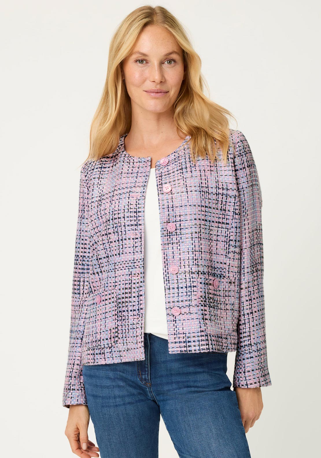 Olsen Tweed Style Structured Jacket, Pink - McElhinneys