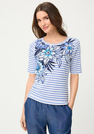 Olsen Striped with Floral Print Top, Blue Multi