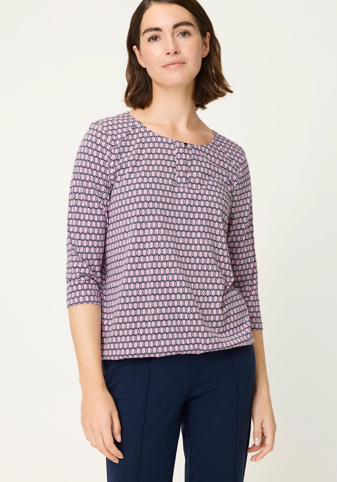 Olsen Abstract Print Round Neck Cotton Top, Pink