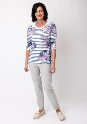 Olsen Striped Floral Top, Blue and White