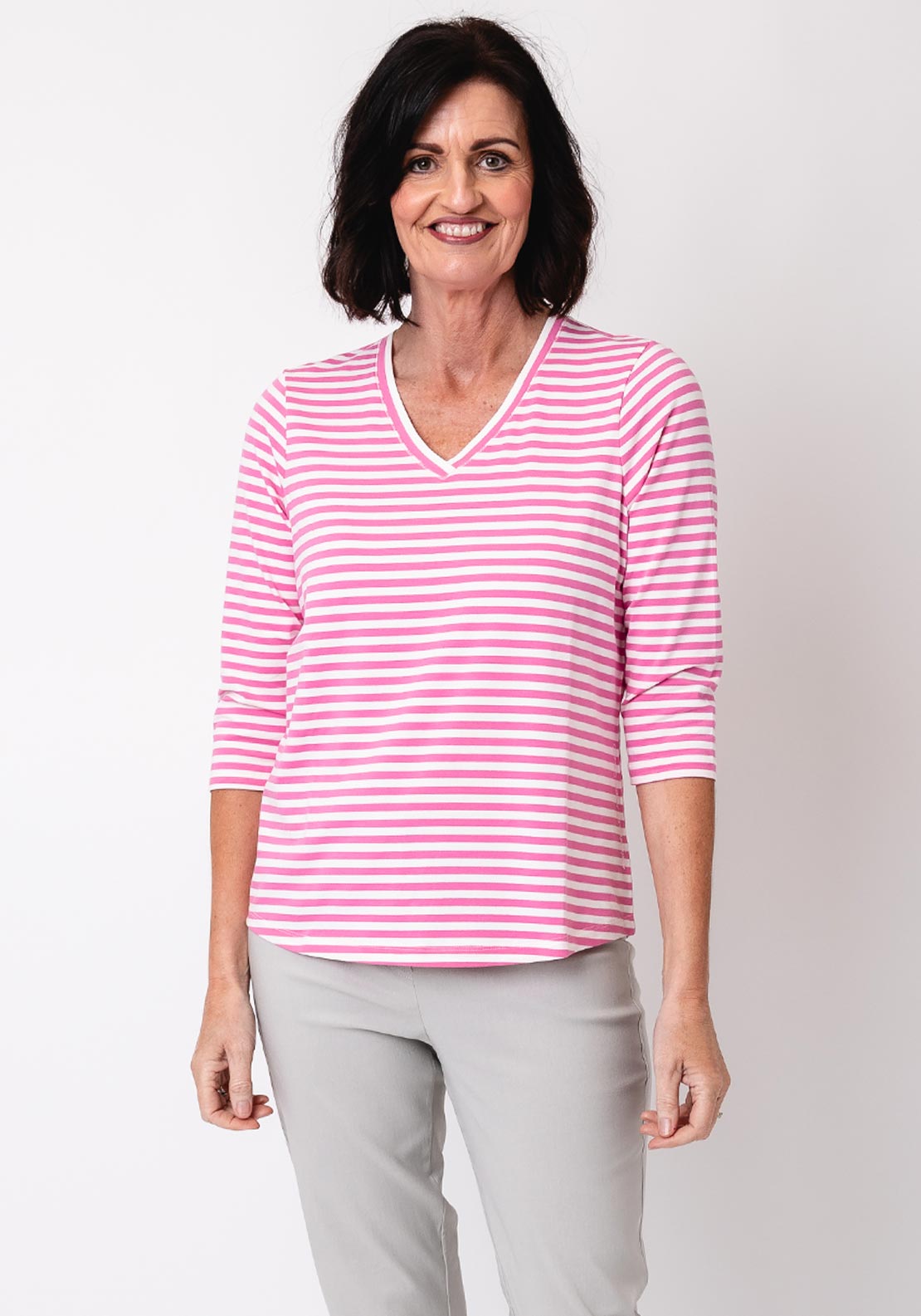 Olsen Hannah Striped V Neck Top, Pink and White