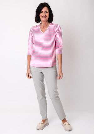 Olsen Hannah Striped V Neck Top, Pink and White