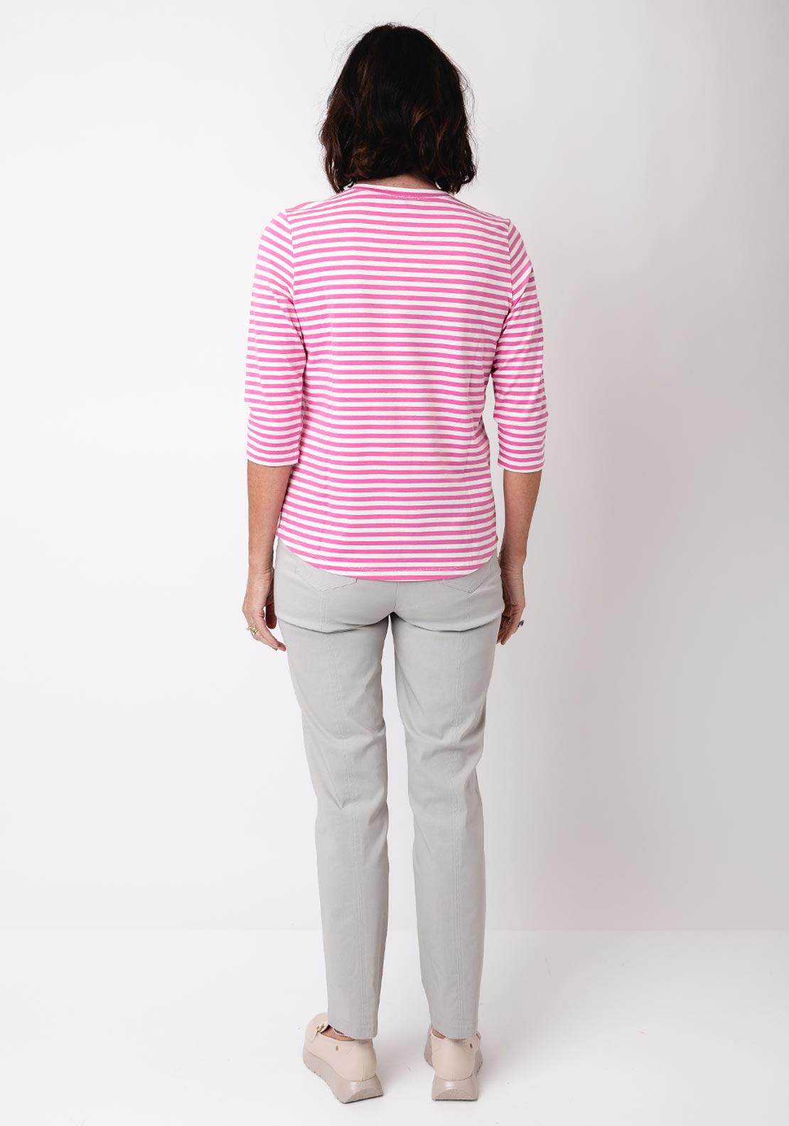 Olsen Hannah Striped V Neck Top, Pink and White