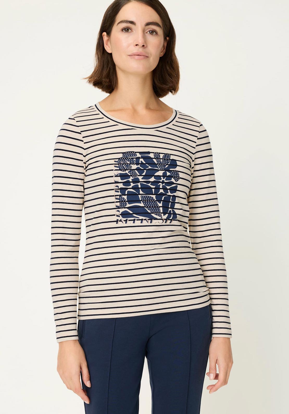 Olsen Striped Embellished Print Top, Navy