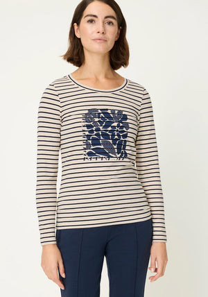 Olsen Striped Embellished Print Top, Navy