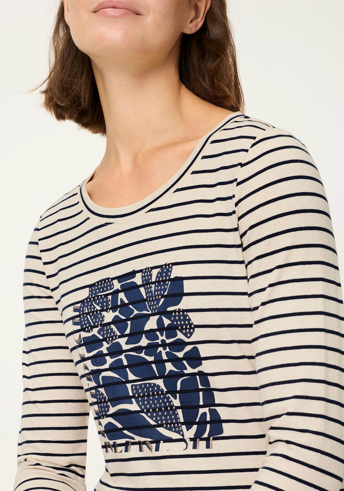 Olsen Striped Embellished Print Top, Navy