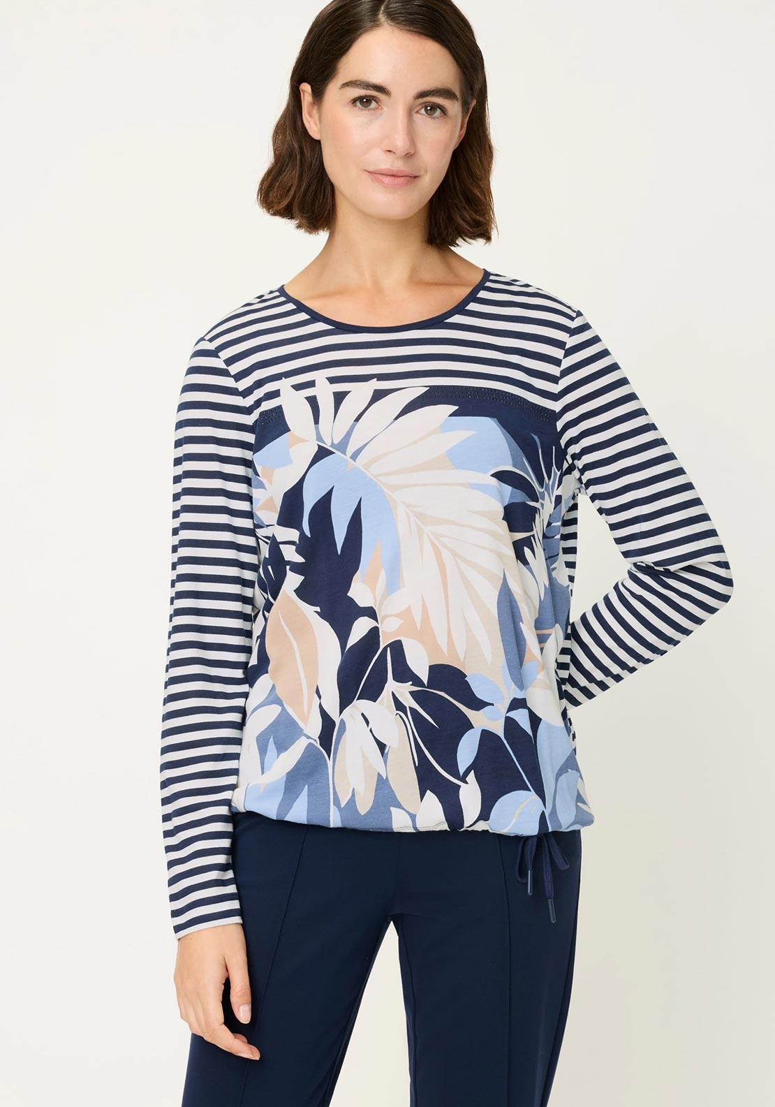 Olsen Contrast Print Round Neck Top, Navy