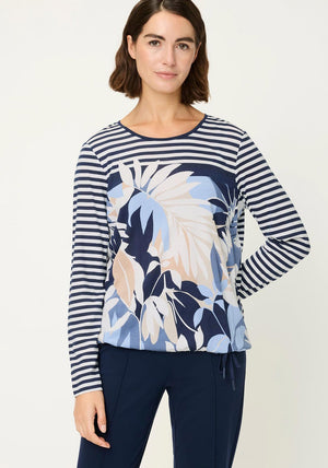 Olsen Contrast Print Round Neck Top, Navy