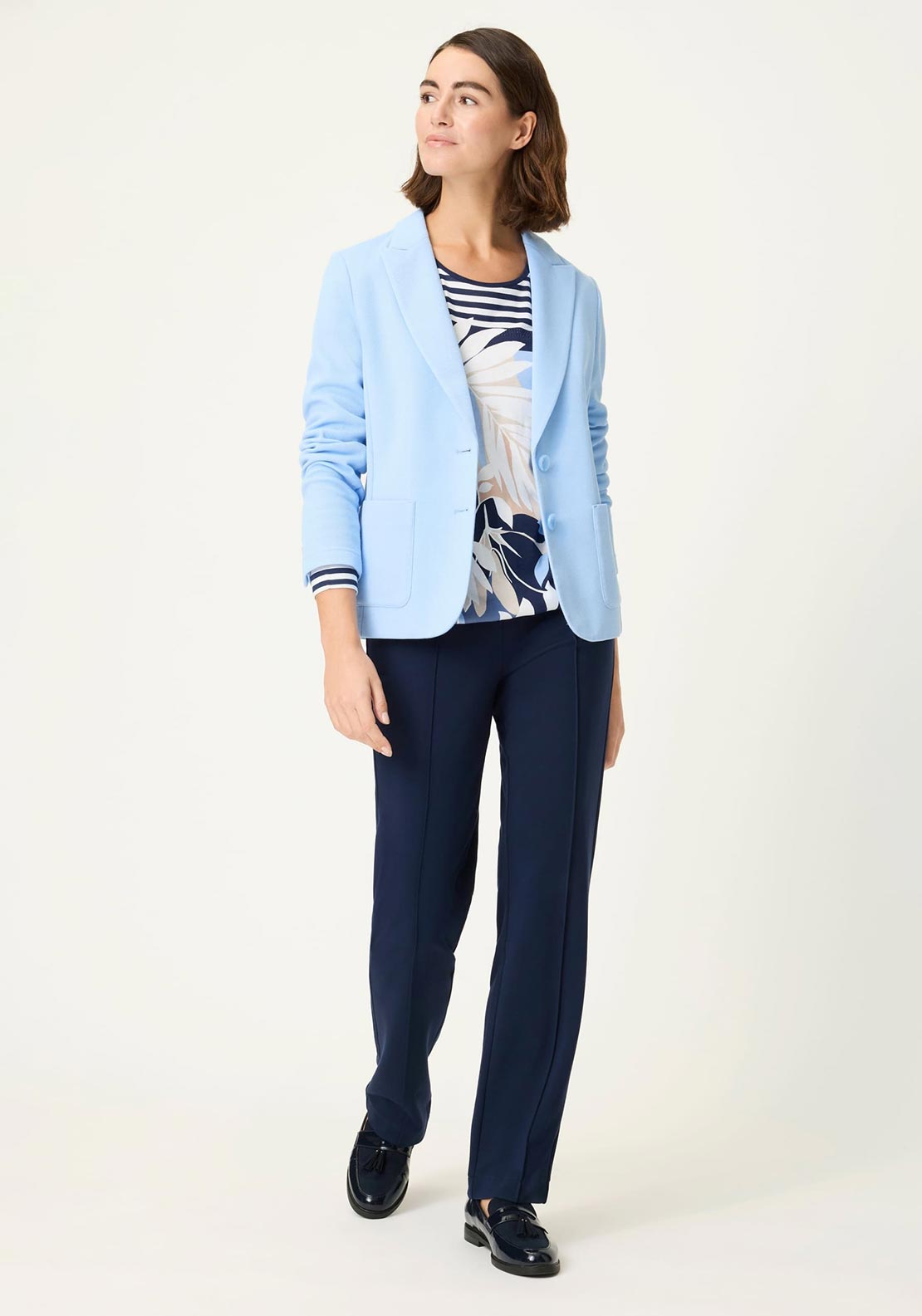 Olsen Contrast Print Round Neck Top, Navy