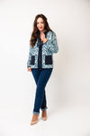 Olsen Leopard Printed Zip Up Sweater, Blue