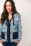 Olsen Leopard Printed Zip Up Sweater, Blue