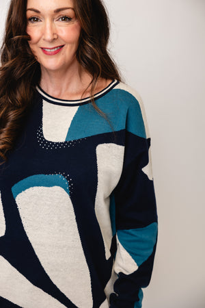 Olsen Geo Printed Stud Jumper, Navy Blue