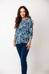 Olsen Leopard Printed Notch Neckline Blouse, Navy Blue
