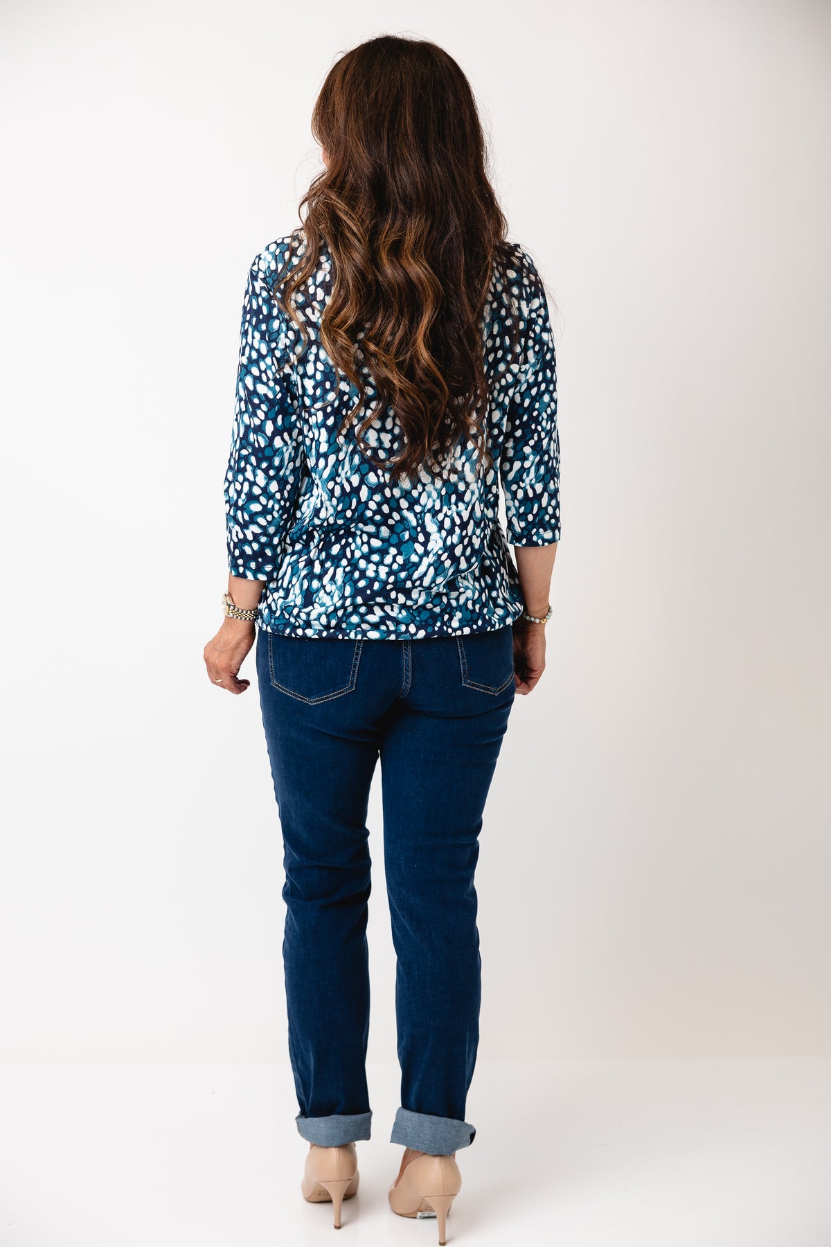 Olsen Leopard Printed Notch Neckline Blouse, Navy Blue