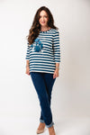 Olsen Floral Diamante Stripe Blouse, Navy Blue