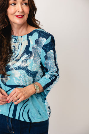 Olsen Patterned Metallic Drawstring Blouse, Navy Blue