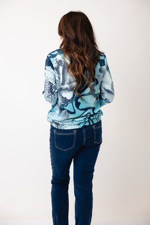 Olsen Patterned Metallic Drawstring Blouse, Navy Blue