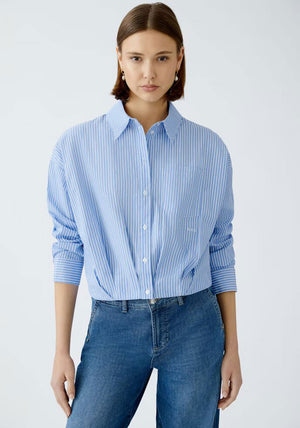 Oui Cropped Elasticated Striped Shirt, Blue