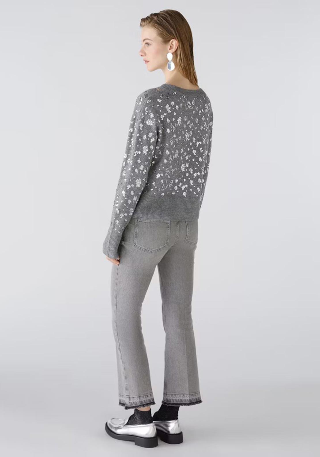 Oui Embellished Cropped Wool Blend Jumper, Grey
