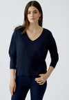 Oui Low V-Neck Textured Top, Navy