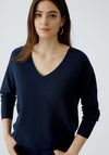 Oui Low V-Neck Textured Top, Navy