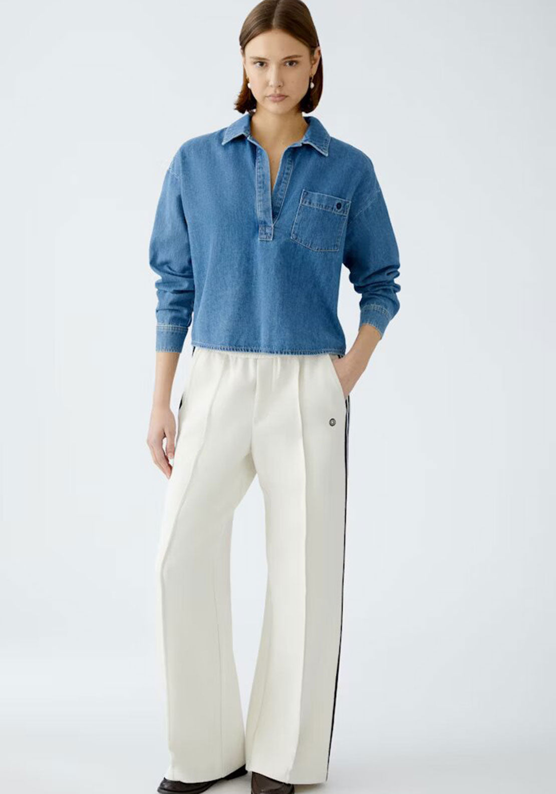 Oui Side Striped Wide Leg Joggers, Cream and Navy