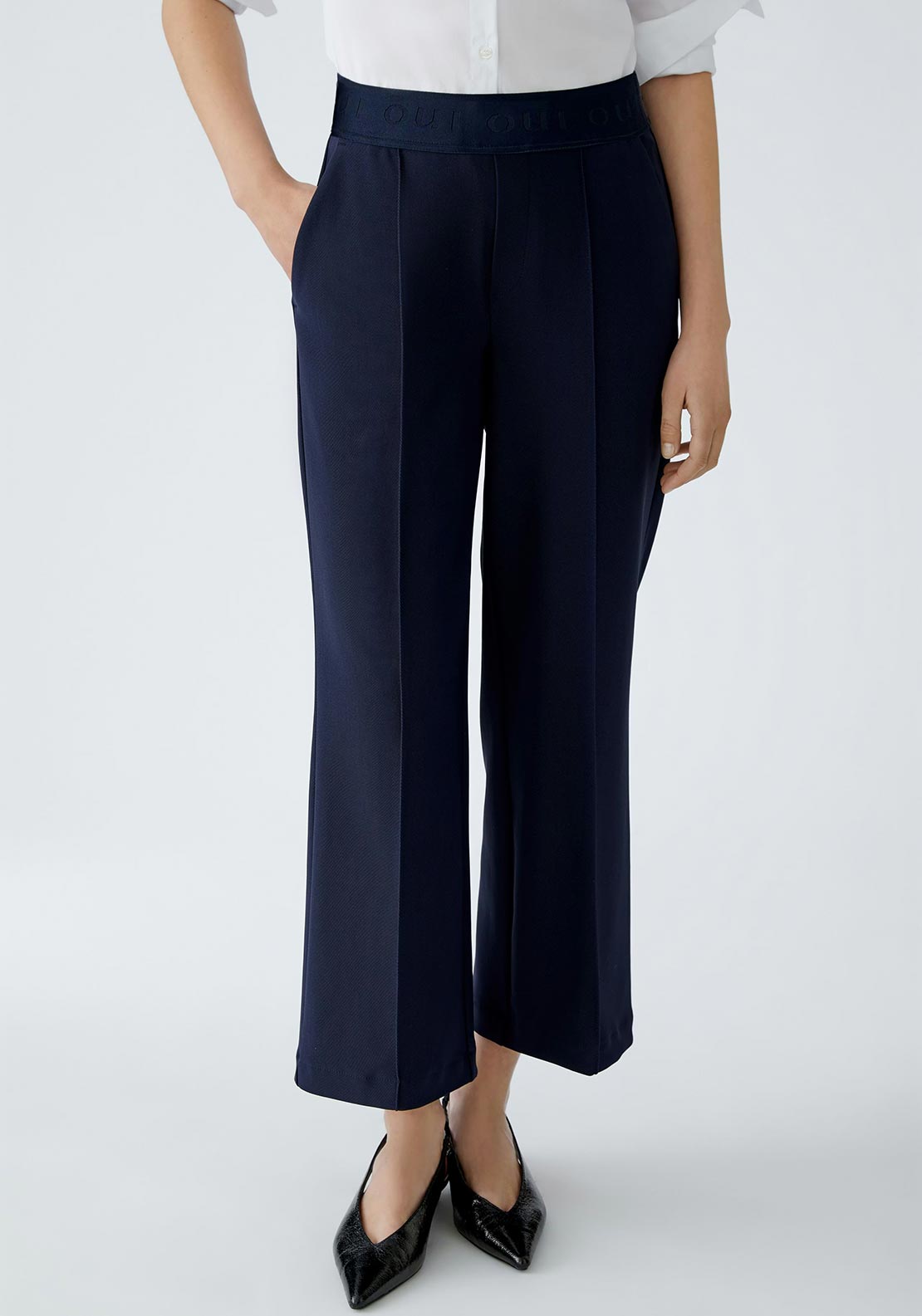 Oui Neya Culotte Logo Waistband Trousers, Navy
