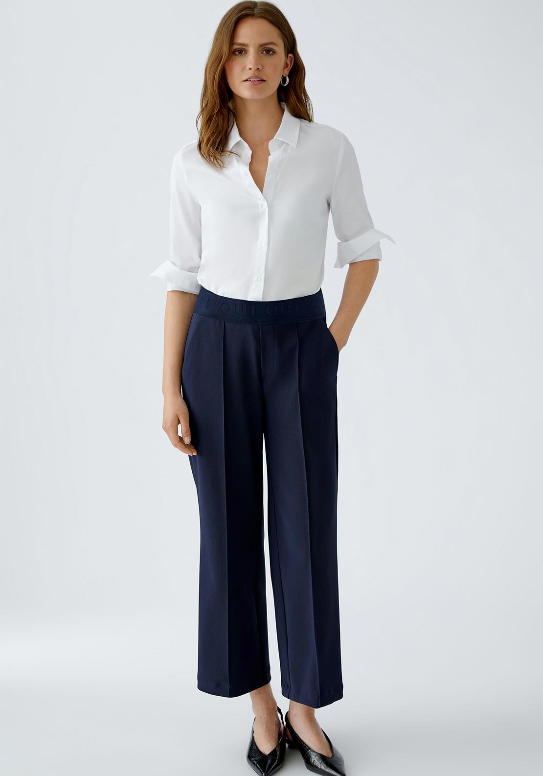 Oui Neya Culotte Logo Waistband Trousers, Navy