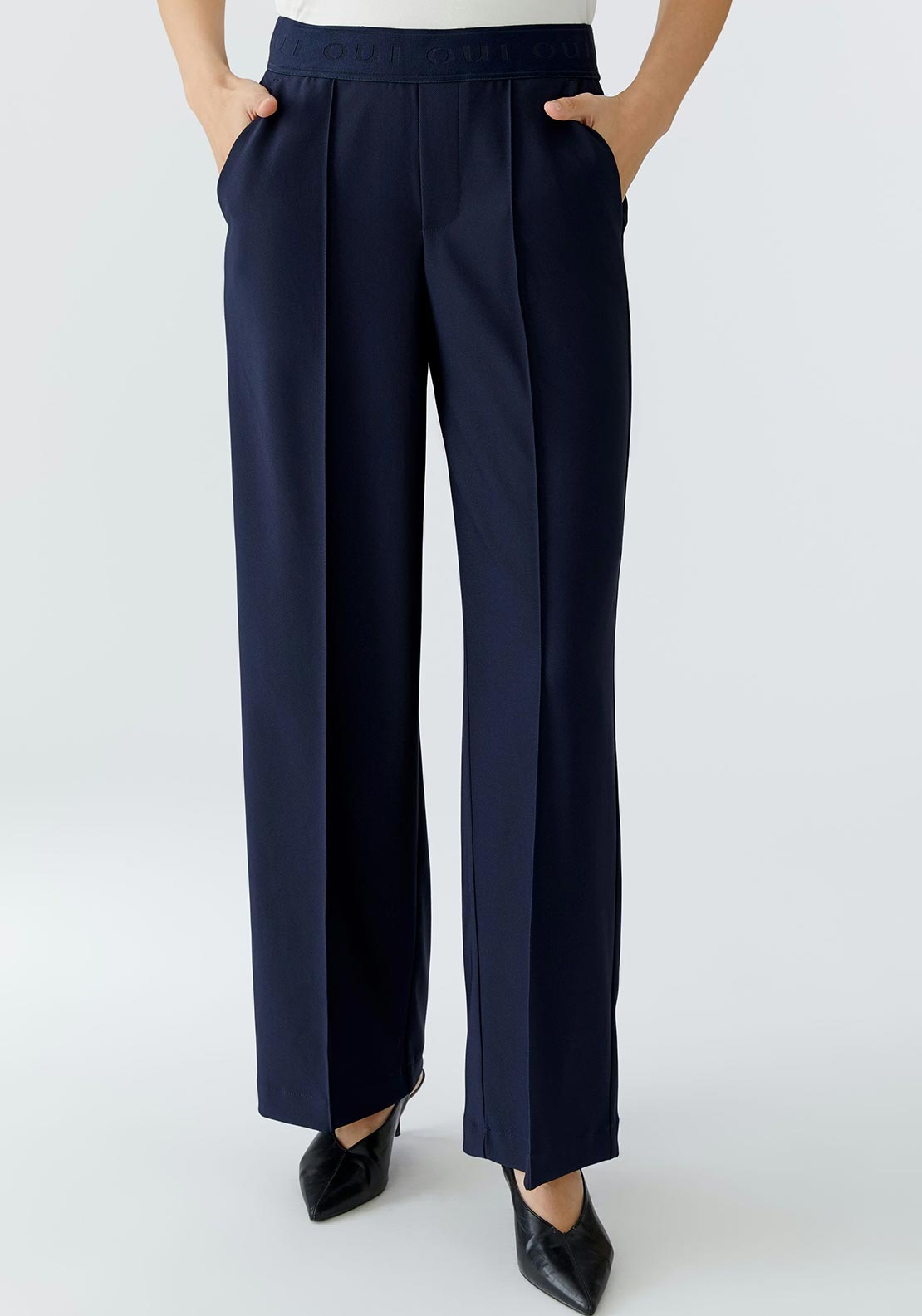 Oui Lacy Straight Leg Tailored Trousers, Navy