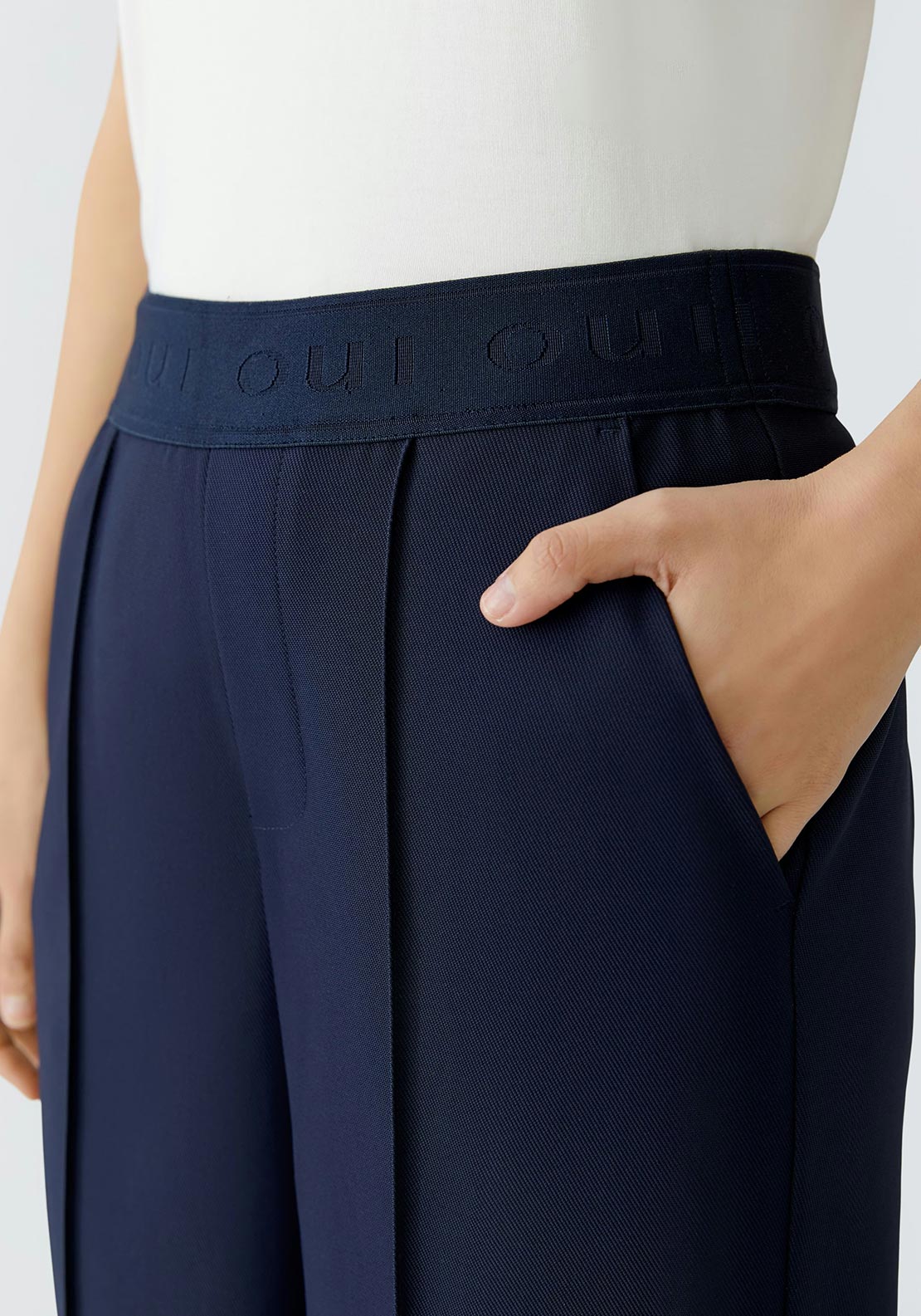 Oui Lacy Straight Leg Tailored Trousers, Navy