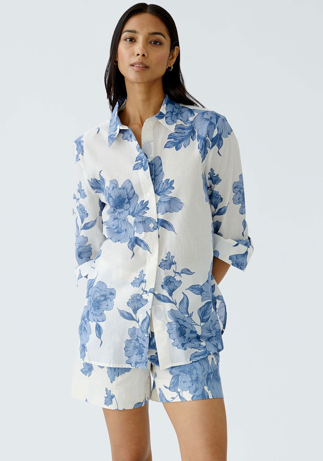 Oui Floral Print Shorts, Blue