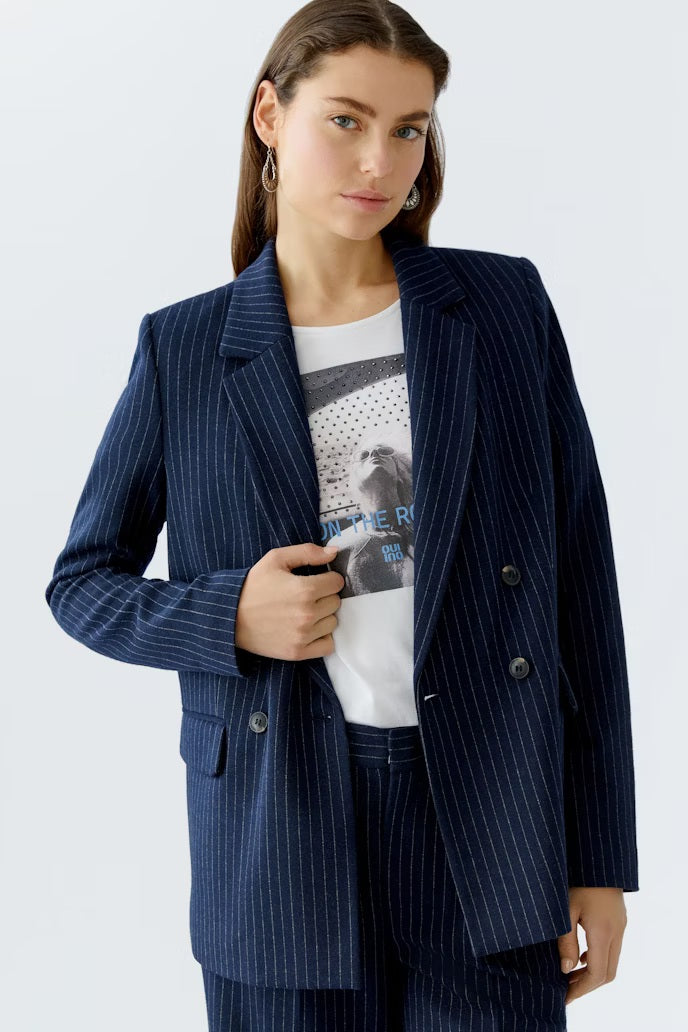 Oui Pinstripe Double Breasted Blazer, Navy