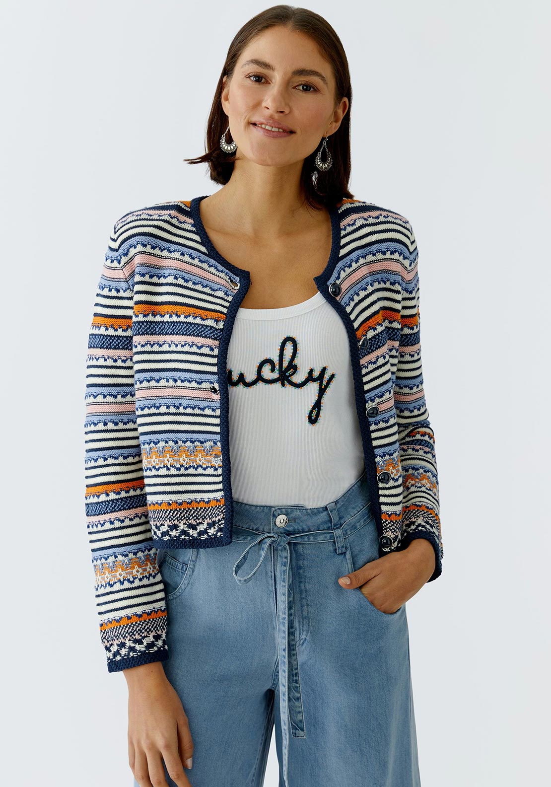 Oui Knit Striped Cardigan, Blue Multi