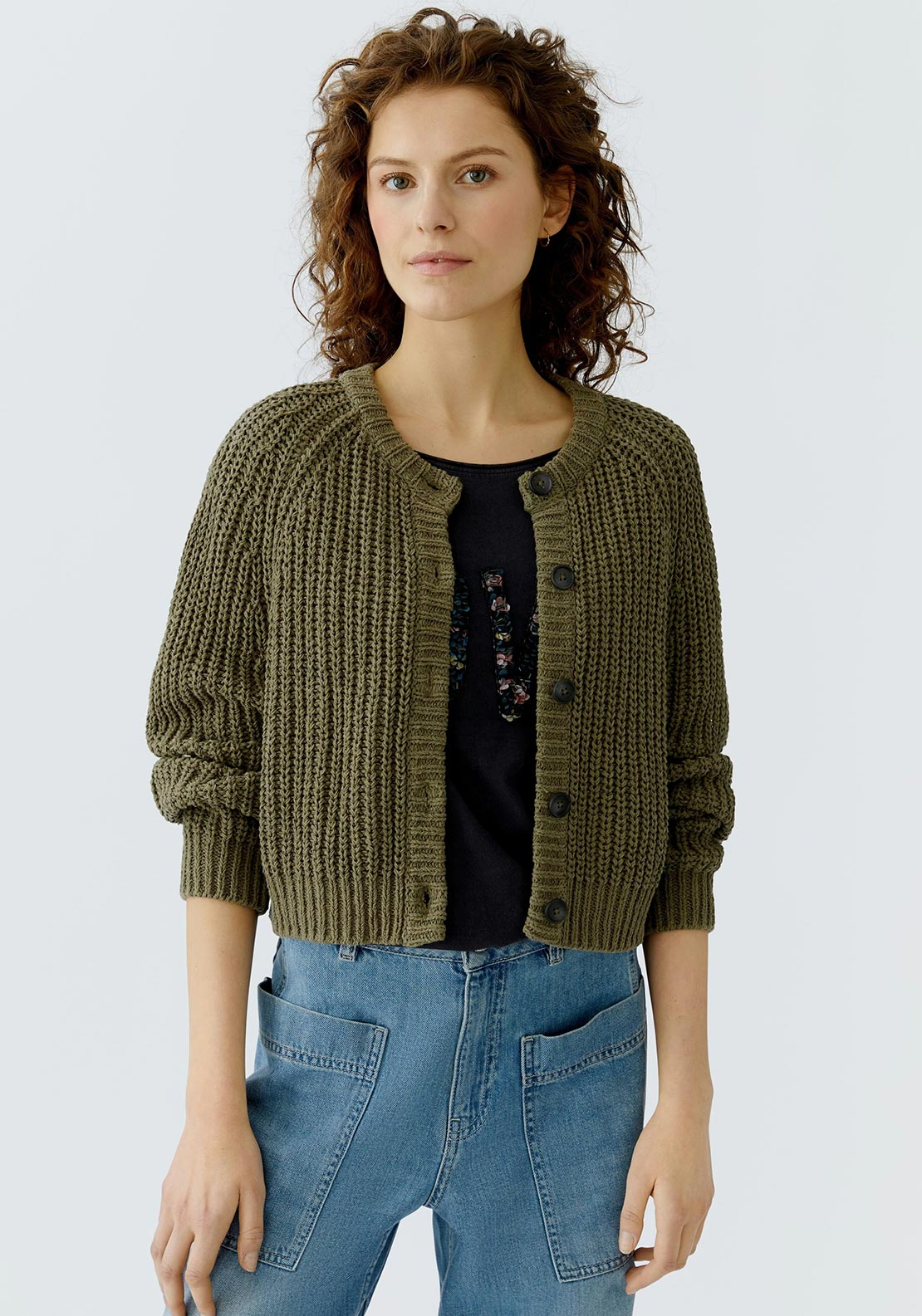 Oui Knitted Button Up Cardigan, Green
