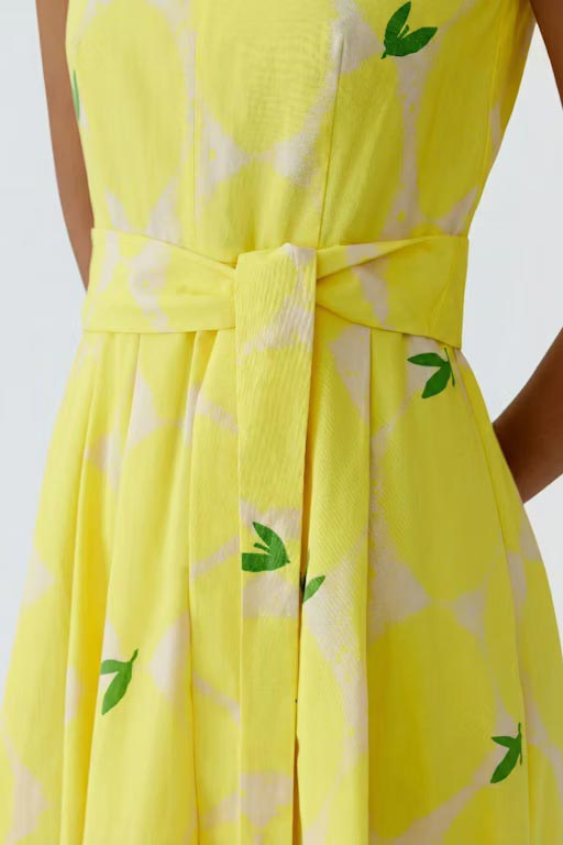 Oui Lemon Print with Belt Detail A-Line Dress, Yellow