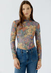 Oui Checked Mesh Long Sleeve Top, Multi Coloured
