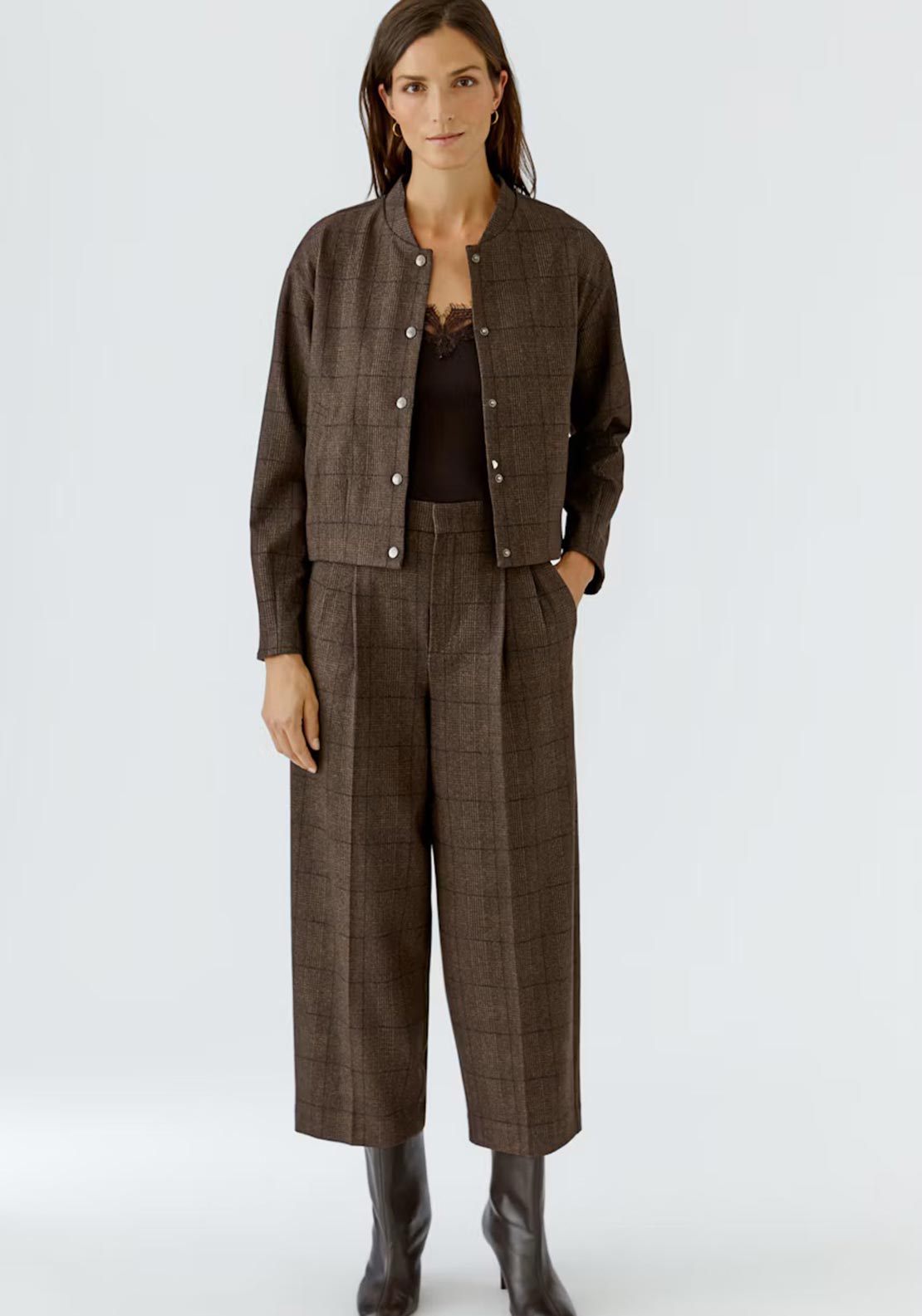 Oui Check Bomber Jacket, Brown