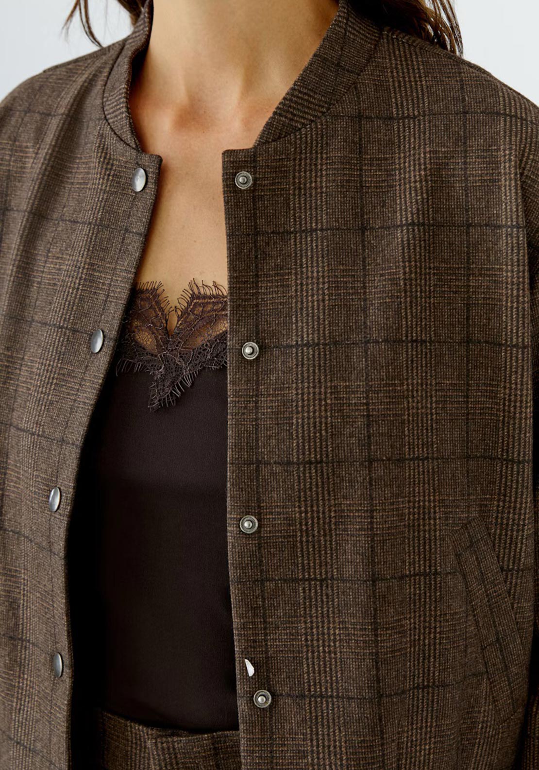 Oui Check Bomber Jacket, Brown