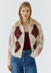 Oui Argyle Knit Faux Fur Collar Cardigan, Stone Beige