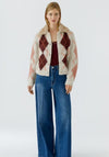 Oui Argyle Knit Faux Fur Collar Cardigan, Stone Beige