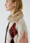 Oui Argyle Knit Faux Fur Collar Cardigan, Stone Beige