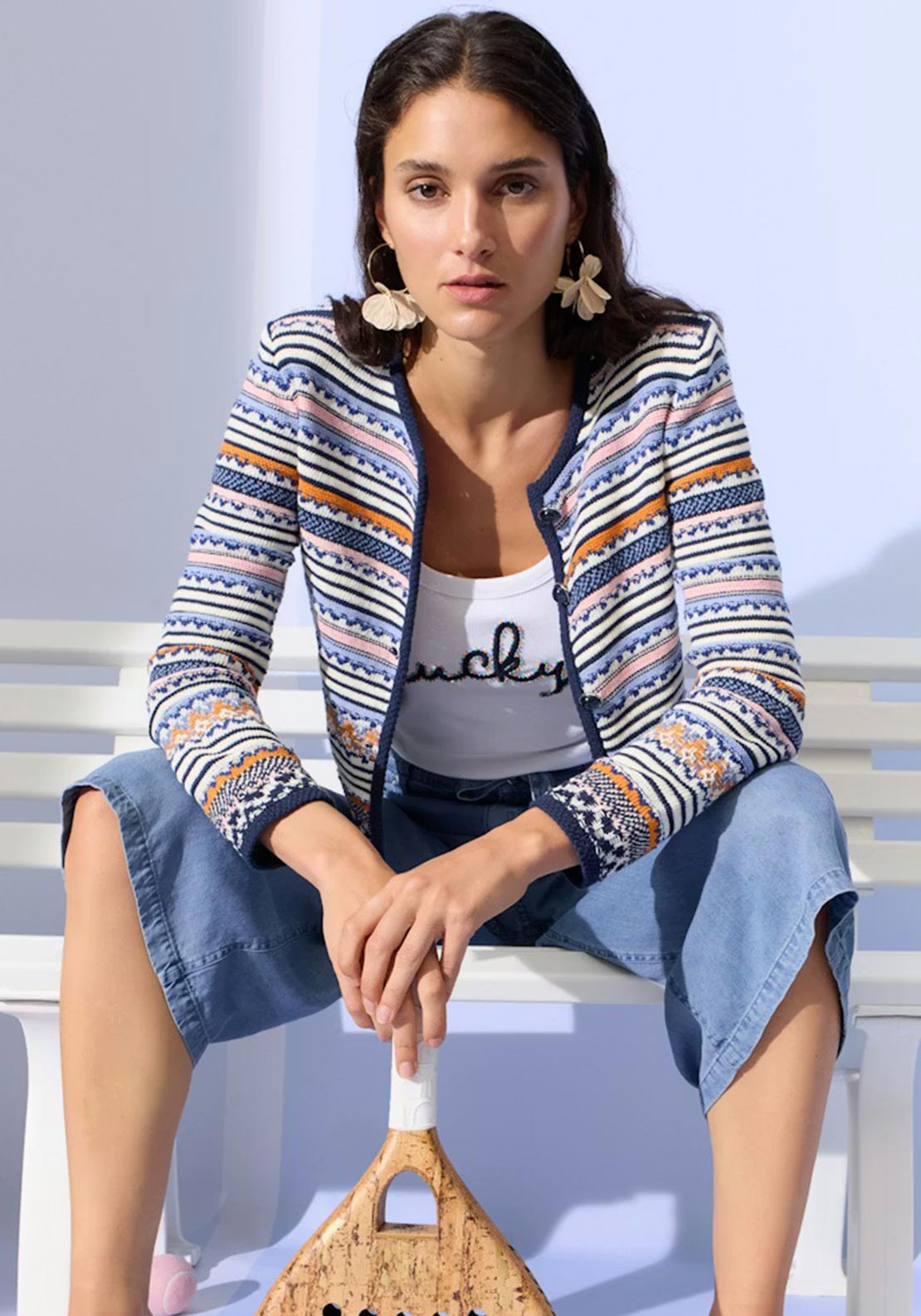 Oui Knit Striped Cardigan, Blue Multi