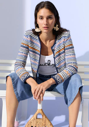 Oui Knit Striped Cardigan, Blue Multi