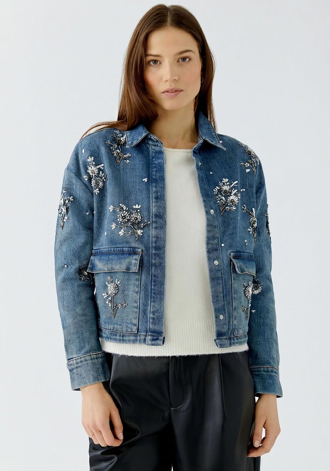 Oui Sequin Floral Denim Jacket, Blue
