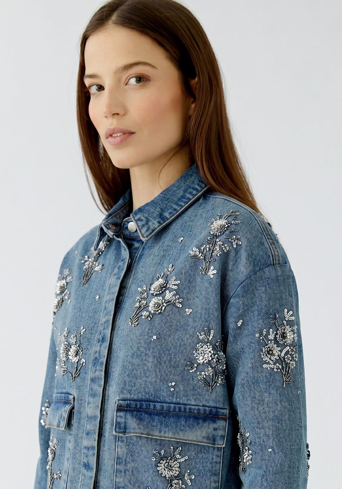Oui Sequin Floral Denim Jacket, Blue