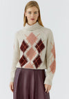 Oui Argyle Embroidered Roll Neck Jumper, Stone Beige