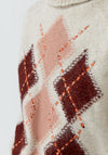 Oui Argyle Embroidered Roll Neck Jumper, Stone Beige