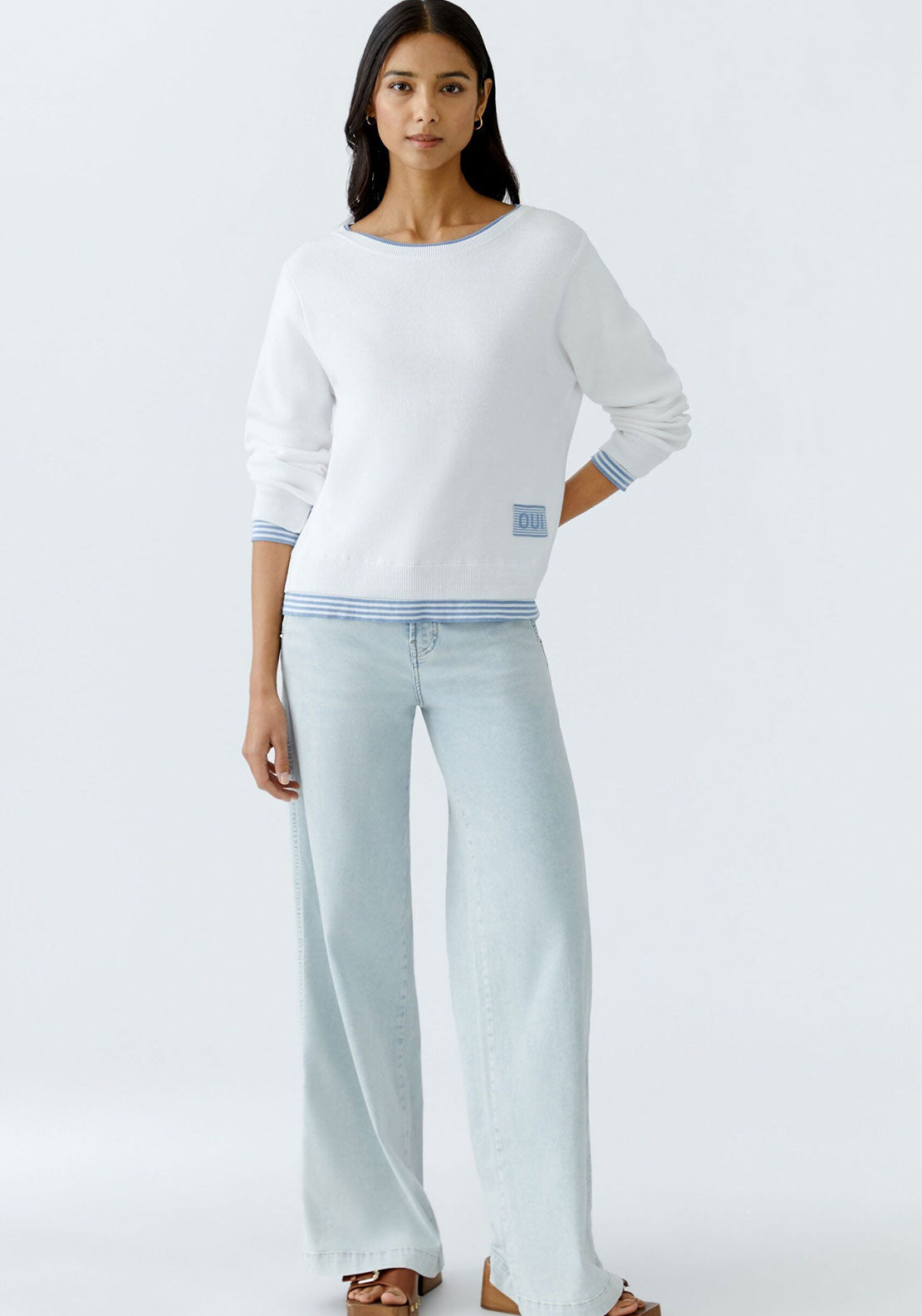 Oui Leeza Striped Trim Knit Jumper, White & Blue