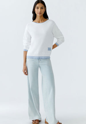 Oui Leeza Striped Trim Knit Jumper, White & Blue
